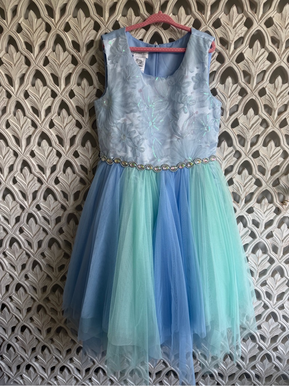 Bonnie Jean Girls Size 10 Blue Aqua Sequin Tulle High Low Dress
